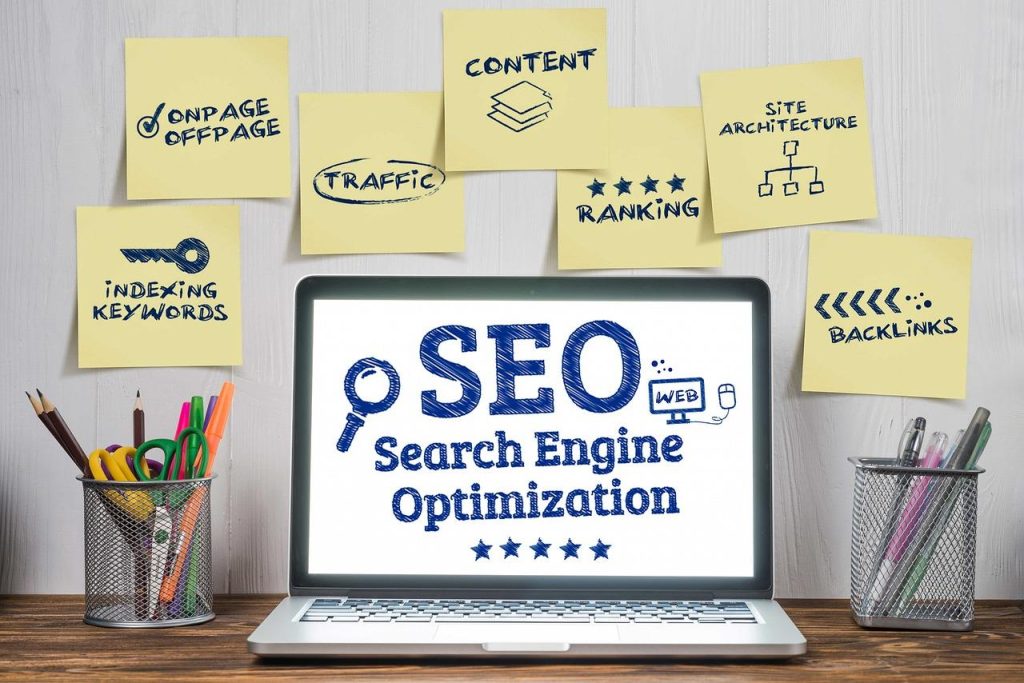 Illustratie over online marketing strategie met SEO, contentmarketing en sociale media voor bedrijfsgroei