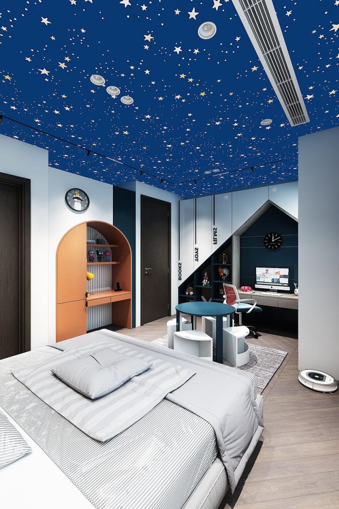 Ingerichte kinderkamer met must-haves: bed, opbergruimte, verlichting, speelmat, decoratie en leeshoek